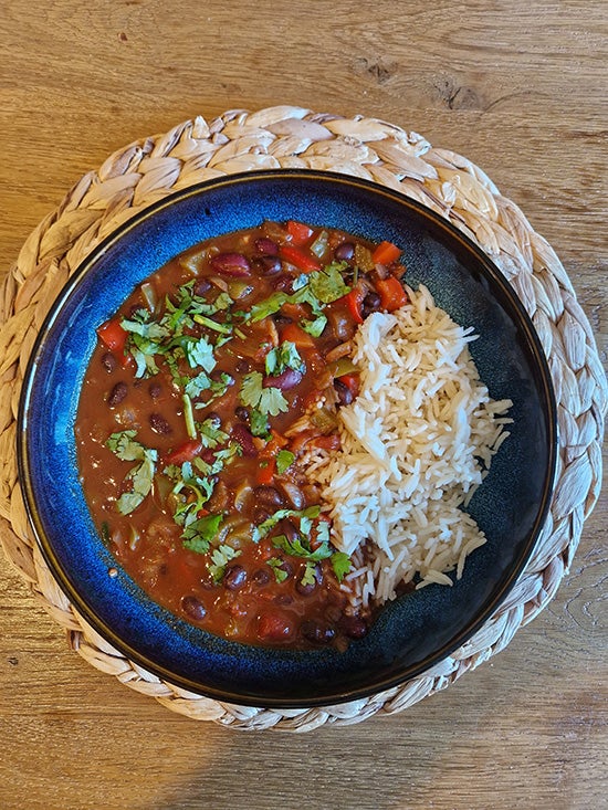 Vegan Bean chilli and rice 