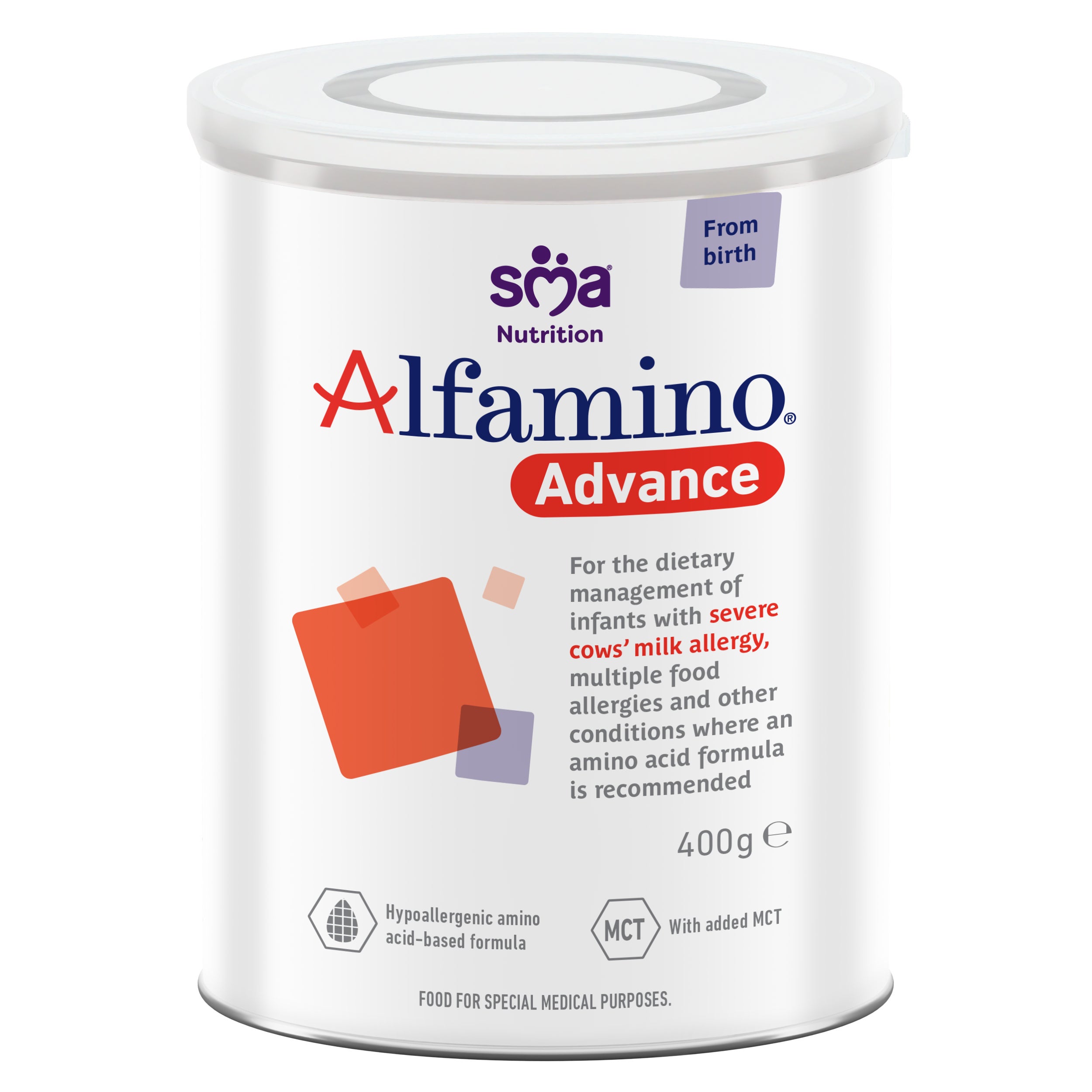 Alfamino Advance hypoallergenic amino acid-based infant formula, 400g tin.