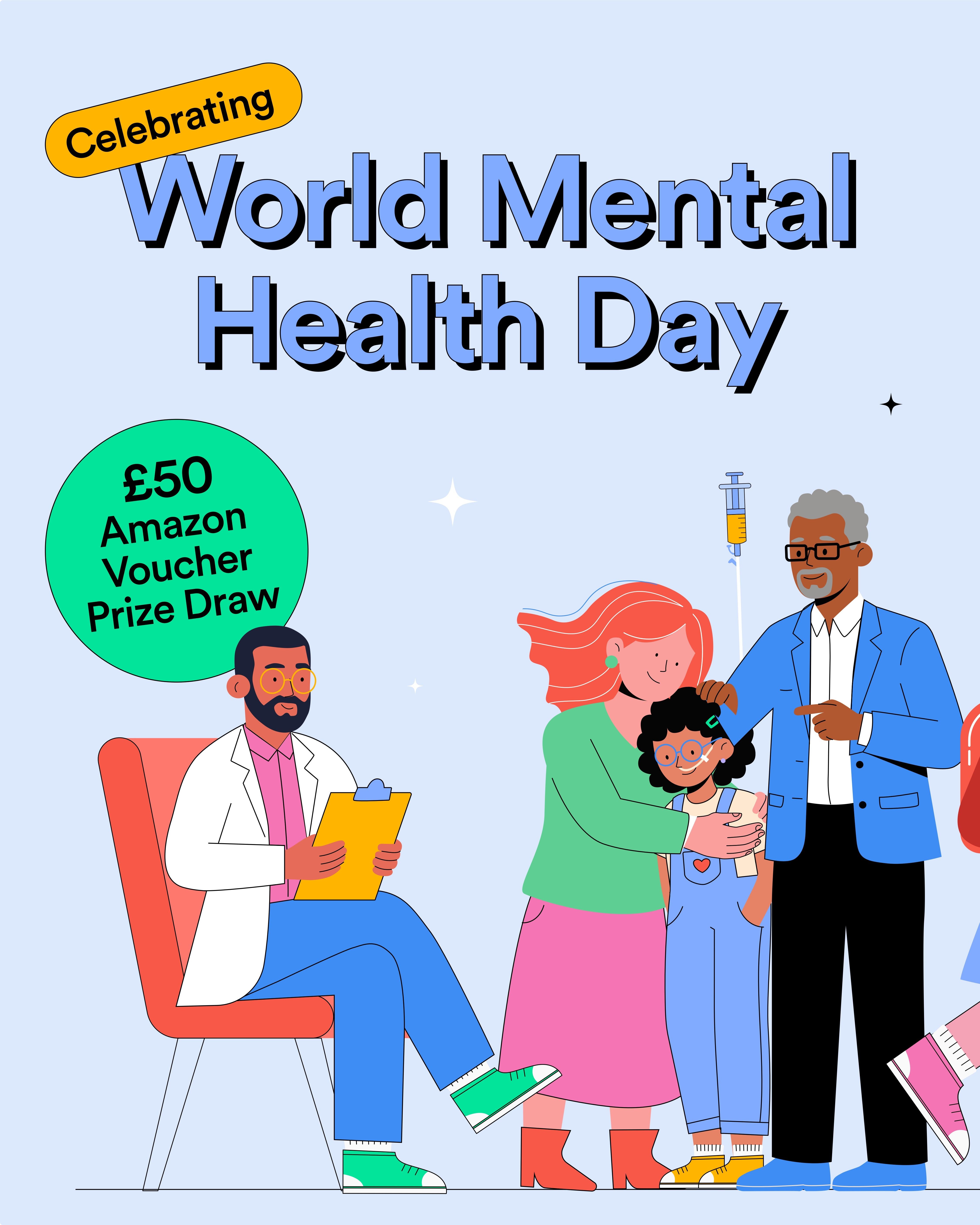 World Mental Health Day celebration with healthcare support illustration.