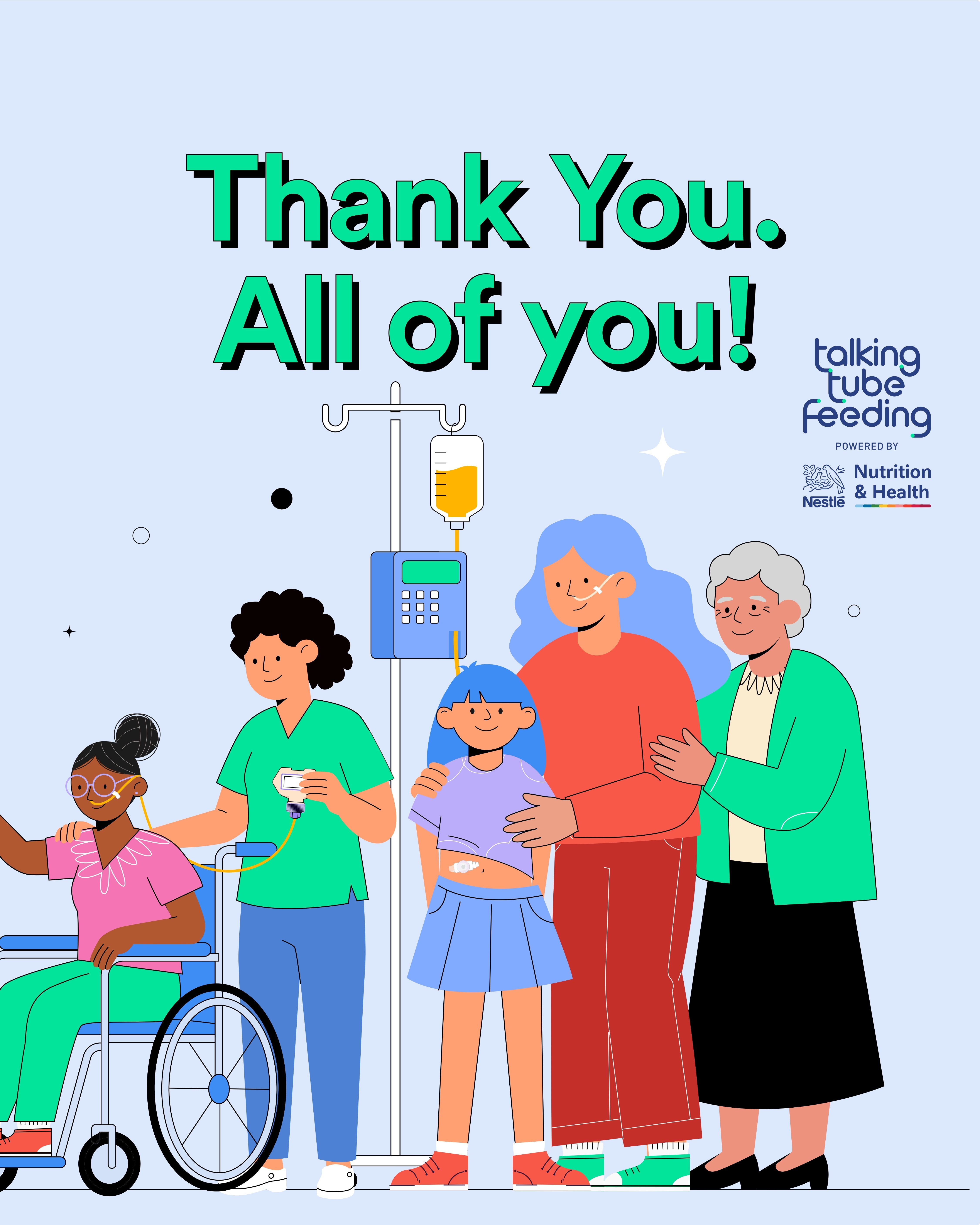 Thank you message with patients, caregivers and feeding support illustration.