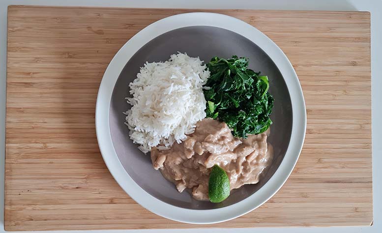 Chicken Satay with Coconut, Greens and Rice